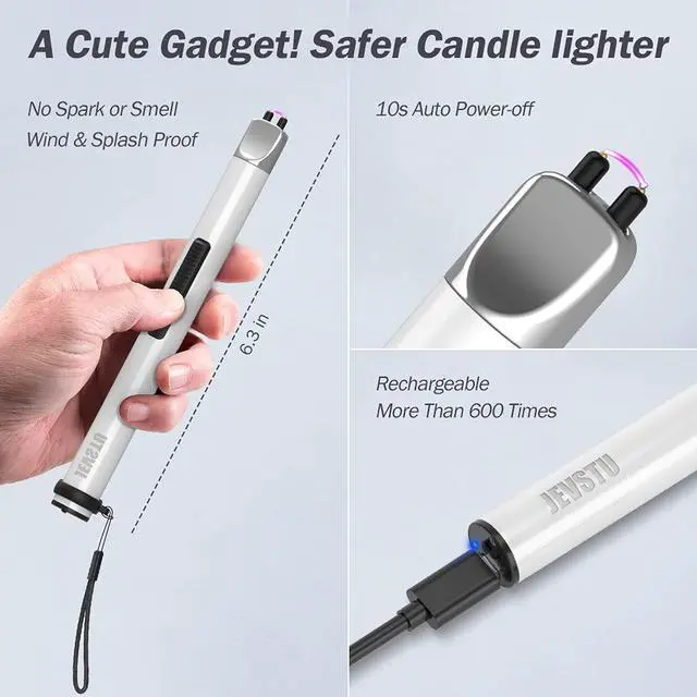 Alt view image 5 of 7 - Electric Lighter, Arc Windproof Flameless Plasma Lighter, Long Stick with Rope and Ring, Perfect for Candle BBQ Camping Kitchen Stove, White