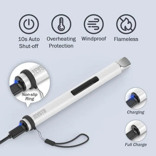 Alt view image 3 of 7 - Electric Lighter, Arc Windproof Flameless Plasma Lighter, Long Stick with Rope and Ring, Perfect for Candle BBQ Camping Kitchen Stove, White