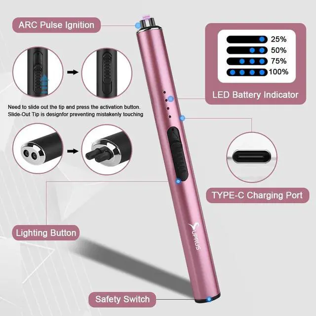 Alt view image 3 of 7 - Electric Arc Windproof Flameless USB Rechargeable Lighter with Safety Lock for Candle (Pink, 3 Packs)
