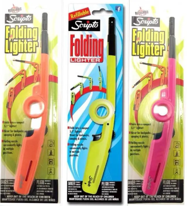 Main image of 3 Pack Combo - 3 Random color "Refillable" Folding Lighter Safe for Camping/grilling/home, Adjustable Flame