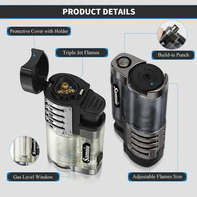 Alt view image 7 of 7 - Pack of 2 Torch Lighter, Triple Jet Flames, Visible Gas Tank, Windproof Butane Refill Pocket Lighters for Candle, Mens Gift (Gas not Included)