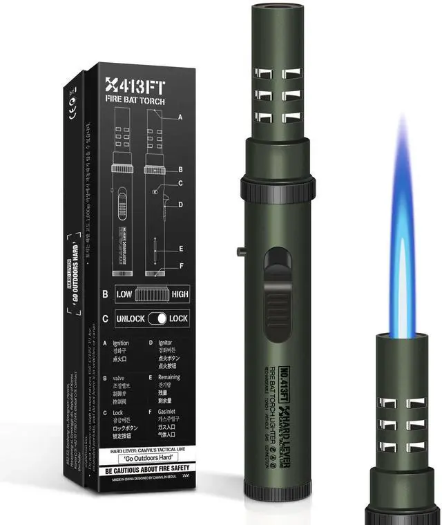 Main image of Camping Lighter, Torch Lighter, Windproof Jet Flame Butane Refillable Adjustable Flame with Safety Lock&Fule Guage for Campfires Kitchen Hiking Candles Fireplace BBQ Outdoor Camping Essentials(Green)