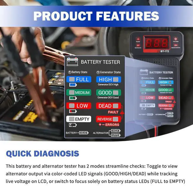 Alt view image 4 of 7 - Car Battery Testers with LCD Display & LED Indicators,Battery Load Tester 12v Automotive,Universal Car Batteries Testers and Alternator Tester Cars Tools for 12v Vehicles