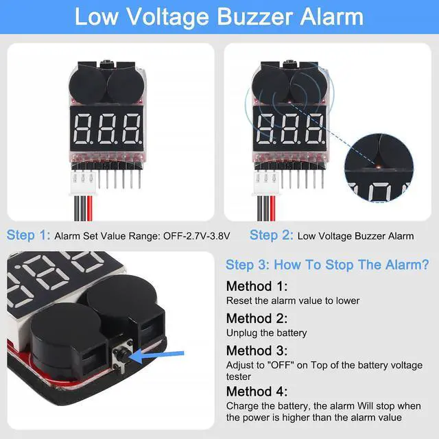 Alt view image 2 of 7 - 6pcs Lipo Battery Checker RC Battery Low Voltage Buzzer Alarm Voltage Tester Monitor for 1-8S Lipo Life LiMn Li-ion Battery
