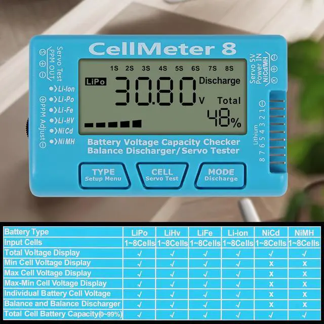 Alt view image 6 of 6 - 1PCS RC Cellmeter 8 Digital Battery Capacity Checker Controller Tester Voltage Tester for LiPo Life Li-ion NiMH Nicd Cell Meter