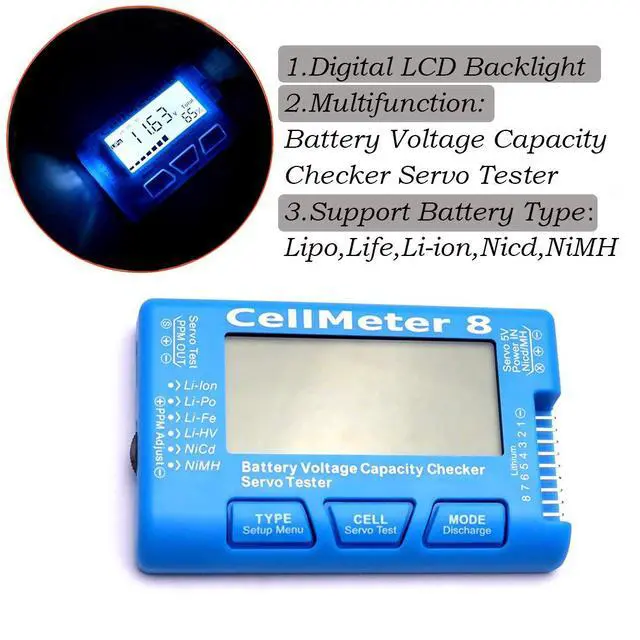 Alt view image 4 of 6 - RC CellMeter 8 Digital 1S-8S Battery Capacity Checker Battery Voltage Tester LCD Backlight for LiPo Life Li-ion NiMH Nicd