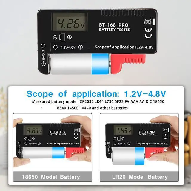 Alt view image 3 of 7 - Digital LCD Battery Tester Checker Universal Battery Tester Monitor for AA AAA 1.5V 3.7V or 1.2~4.8V 9V Batteries,Household Battery Life Level Testers Power Meter (168PRO*3)