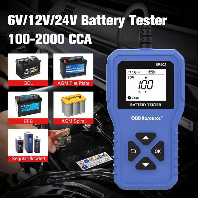 Alt view image 2 of 7 - Car Battery Tester 6V 12V 24V Battery Voltage Tester, BR502 100-2000 CCA 2Ah-220Ah Internal Resistance Tester Automotive Accurate Digital Auto Battery Analyzer for Car Truck Marine Motorcycle SUV Boat