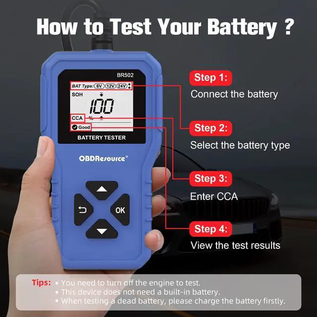 Alt view image 6 of 7 - Car Battery Tester 6V 12V 24V Battery Voltage Tester, BR502 100-2000 CCA 2Ah-220Ah Internal Resistance Tester Automotive Accurate Digital Auto Battery Analyzer for Car Truck Marine Motorcycle SUV Boat