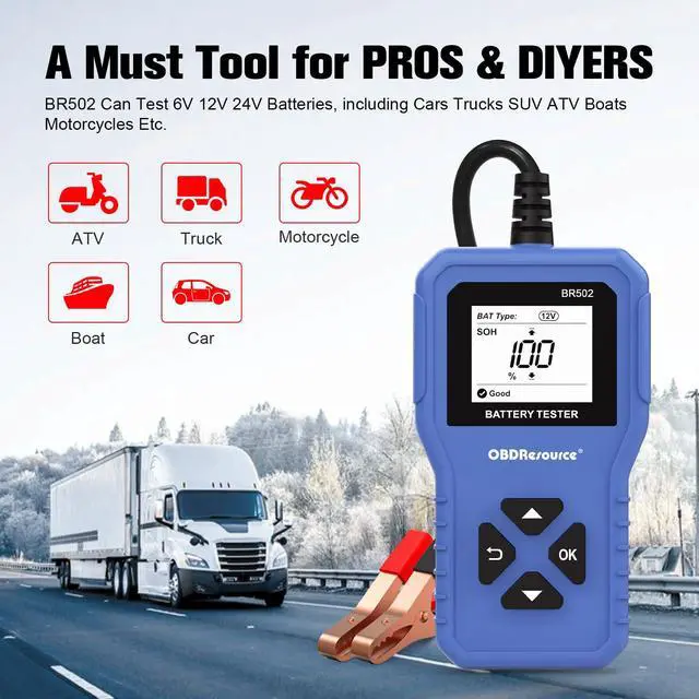 Alt view image 7 of 7 - Car Battery Tester 6V 12V 24V Battery Voltage Tester, BR502 100-2000 CCA 2Ah-220Ah Internal Resistance Tester Automotive Accurate Digital Auto Battery Analyzer for Car Truck Marine Motorcycle SUV Boat