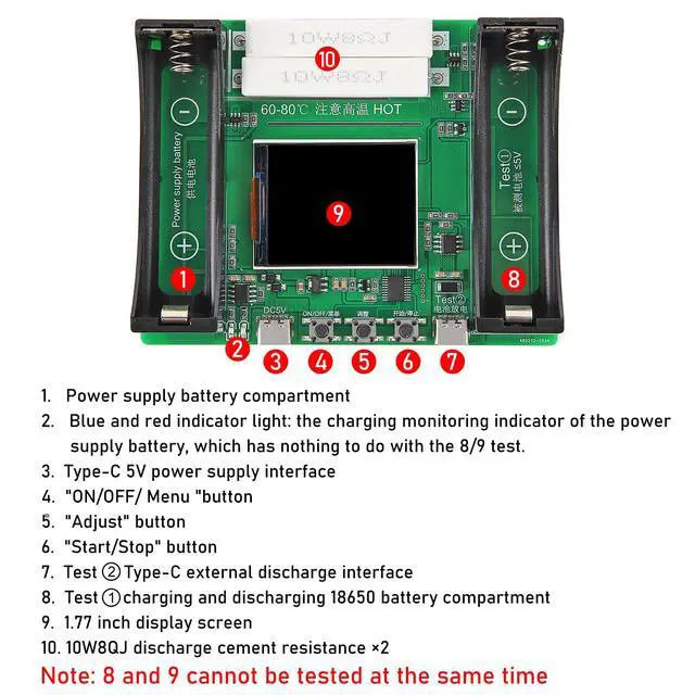 Alt view image 5 of 7 - 2 Channel 18650 Battery Capacity Tester, Automatic Charge Discharge Module with Internal Resistance Test for Flat Top Batteries, Type-C Powered Lithium Battery Analyzer