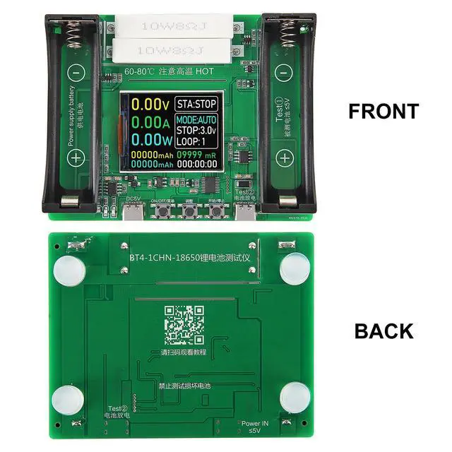 Alt view image 3 of 7 - 2 Channel 18650 Battery Capacity Tester, Automatic Charge Discharge Module with Internal Resistance Test for Flat Top Batteries, Type-C Powered Lithium Battery Analyzer