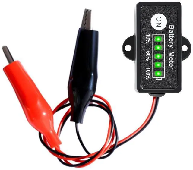 Main image of 12V Mini Battery Monitor Fuel Gauge Waterproof Battery Meter Using Five Segment LED Indicator to Display 10% to 100% Ba-ttery Power for 12V Lead-Acid(AGM,Gel, MF,EFB,SLA, VRLA,) with Crocodile Clips