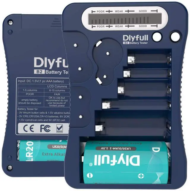 Main image of Battery Tester, Dlyfull LCD Display Universal Battery Checker for AA AAA C D 9V CR2032 CR123A CR2 CRV3 2CR5 CRP2 1.5V/3V Button Cell Batteries, 1x AAA Batteries Included