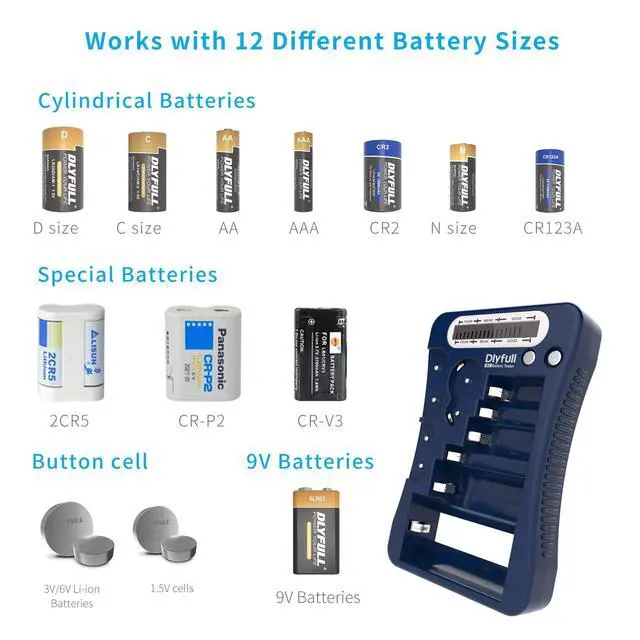 Alt view image 2 of 6 - Battery Tester, Dlyfull LCD Display Universal Battery Checker for AA AAA C D 9V CR2032 CR123A CR2 CRV3 2CR5 CRP2 1.5V/3V Button Cell Batteries, 1x AAA Batteries Included