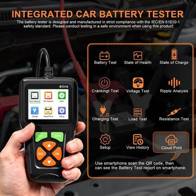 Alt view image 2 of 7 - 12V/24V Car Battery Load Tester Automotive 100-2000 CCA Alternator & Charging Analyzer, QR Code Cloud Report No App Needed, for Car Truck SUV Motorcycle Snowmobile Boat