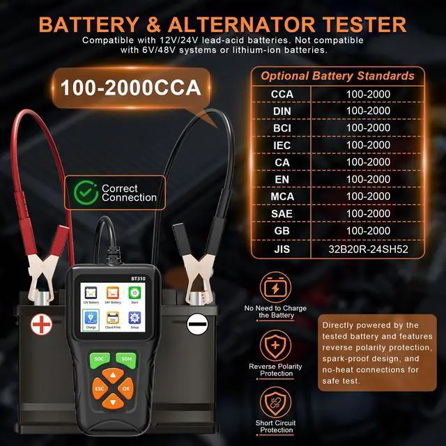 Alt view image 3 of 7 - 12V/24V Car Battery Load Tester Automotive 100-2000 CCA Alternator & Charging Analyzer, QR Code Cloud Report No App Needed, for Car Truck SUV Motorcycle Snowmobile Boat