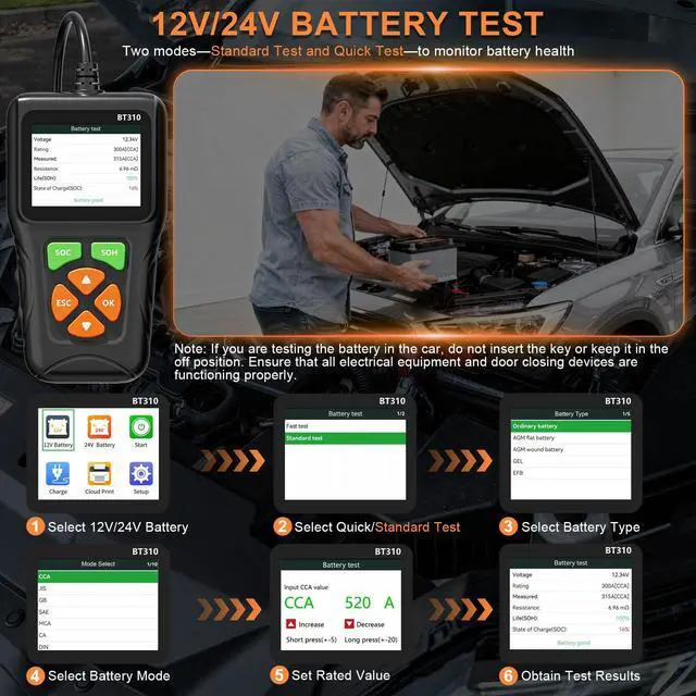 Alt view image 4 of 7 - 12V/24V Car Battery Load Tester Automotive 100-2000 CCA Alternator & Charging Analyzer, QR Code Cloud Report No App Needed, for Car Truck SUV Motorcycle Snowmobile Boat