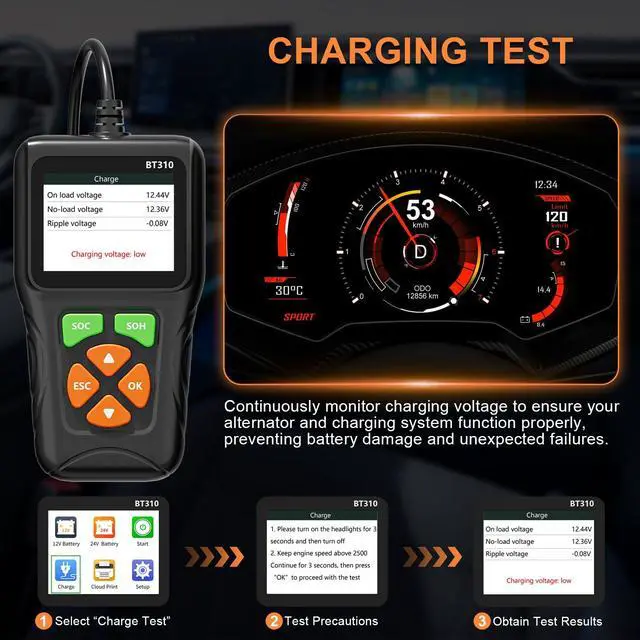 Alt view image 6 of 7 - 12V/24V Car Battery Load Tester Automotive 100-2000 CCA Alternator & Charging Analyzer, QR Code Cloud Report No App Needed, for Car Truck SUV Motorcycle Snowmobile Boat