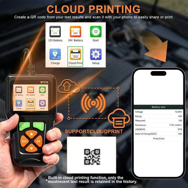 Alt view image 7 of 7 - 12V/24V Car Battery Load Tester Automotive 100-2000 CCA Alternator & Charging Analyzer, QR Code Cloud Report No App Needed, for Car Truck SUV Motorcycle Snowmobile Boat