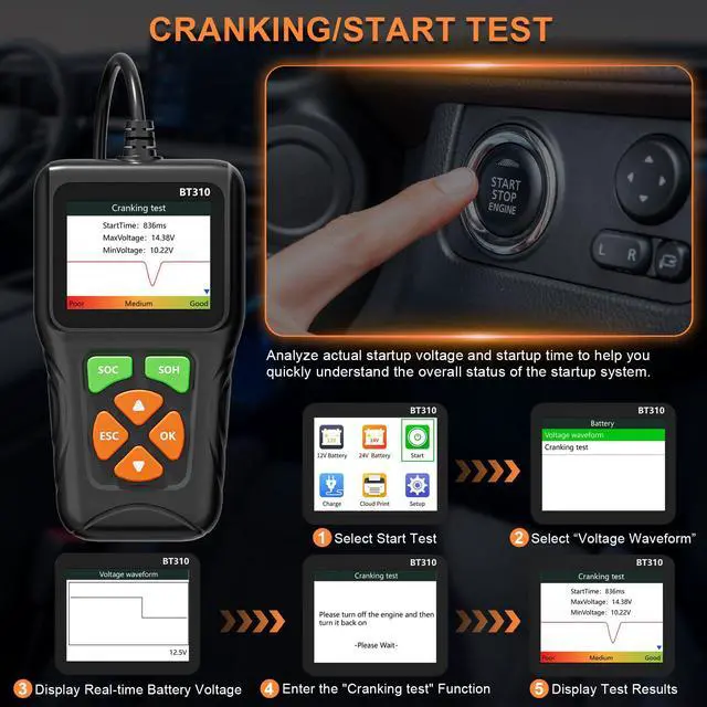 Alt view image 5 of 7 - 12V/24V Car Battery Load Tester Automotive 100-2000 CCA Alternator & Charging Analyzer, QR Code Cloud Report No App Needed, for Car Truck SUV Motorcycle Snowmobile Boat