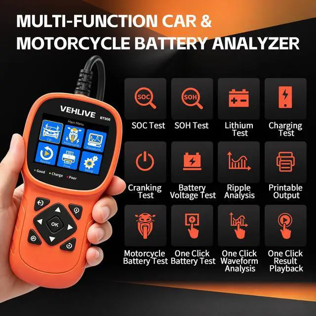 Alt view image 2 of 7 - BT906 Car Battery Tester 6V 12V 24V with Lithium Battery Testing, 5-3000CCA Automotive Circuit Testing, Load/Alternator Tester, Charging Cranking System Tester for All Car Motorcycle Boat