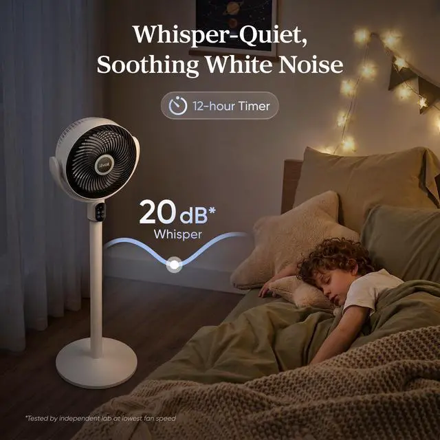 Alt view image 3 of 7 - Standing Fan for Bedroom, 20dB Quiet Pedestal Fan for Sleep, 1024 CFM Ultra-High Airflow, 90° Oscillating Floor Fan, DC Motor, 5 Speeds, 12H Timer, Remote, for Home, Room, Office, White