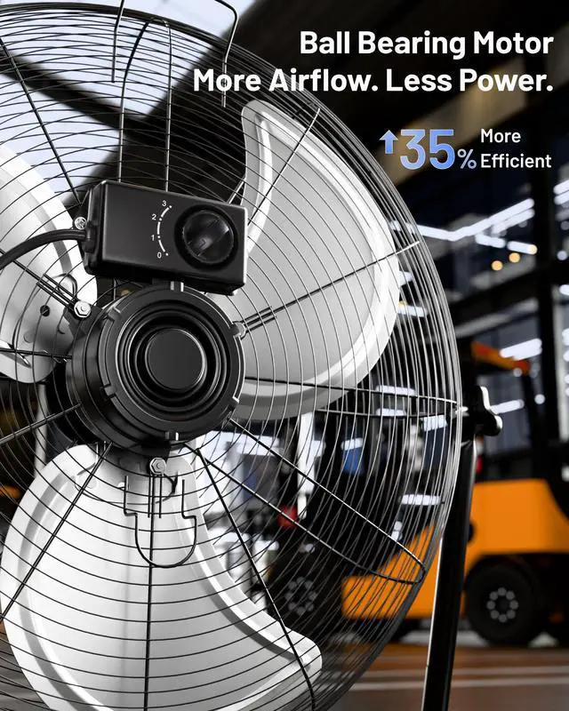 Alt view image 5 of 7 - 20 Inch Heavy Duty Floor & Wall Mount Fan - 5750 CFM High Velocity, 120-Watt, 3-Speed, Industrial Cooling for Garage, Workshop, Office, Home - UL Listed, Black