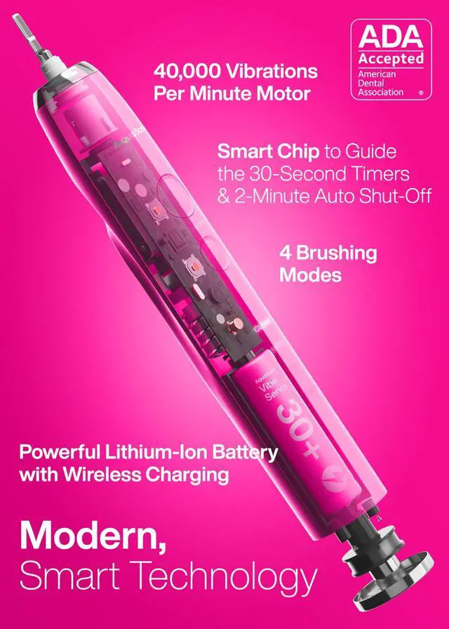 Alt view image 2 of 7 - Vibe Series Ultra-Whitening Toothbrush ADA Accepted Electric Toothbrush - 8 Brush Heads & Travel Case 40,000 VPM Motor & Wireless Charging - 4 Modes w Smart Timer Electric Pink