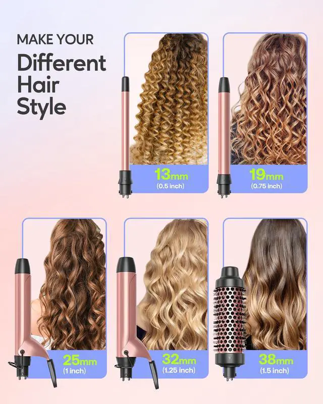 Alt view image 2 of 7 - 5 in 1 Curling Iron,Curling Iron Set with Heated Round Brush and 4 Interchangeable Ceramic Curling Wand(0.5-1.25"), Instant Heat Up,Dual Voltage Hair Curler