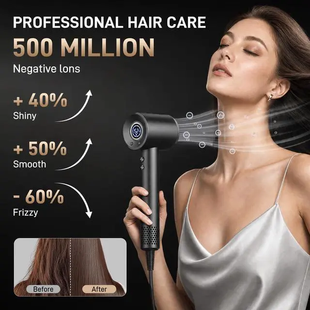Alt view image 3 of 7 - Hair Dryer, 180,000 RPM High-Speed Ionic Blow Dryer with Brushless Motor, 500 Million Negative Ions, LED Display, Low-Noise Professional Hairdryer for Fast Drying, Magnetic Diffuser for Home & Travel