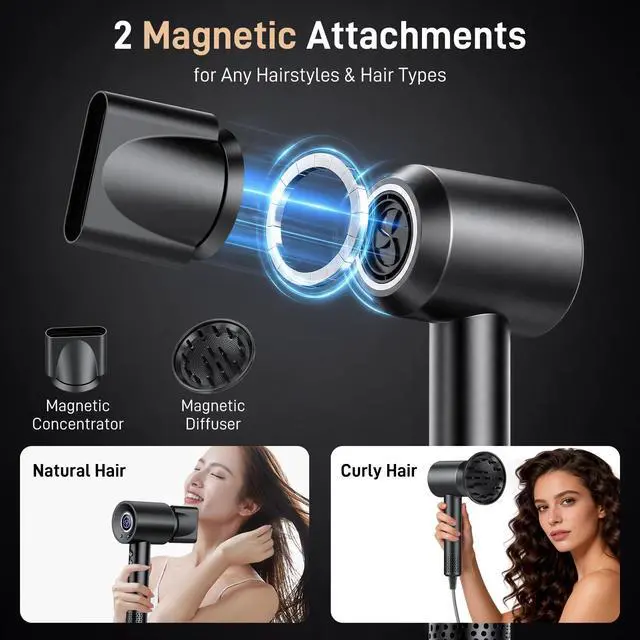Alt view image 5 of 7 - Hair Dryer, 180,000 RPM High-Speed Ionic Blow Dryer with Brushless Motor, 500 Million Negative Ions, LED Display, Low-Noise Professional Hairdryer for Fast Drying, Magnetic Diffuser for Home & Travel