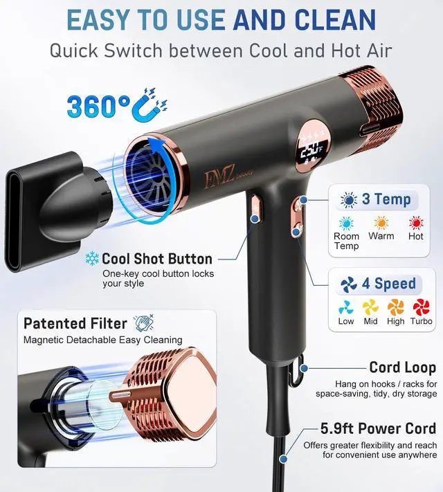 Alt view image 4 of 7 - Professional Ionic Hair Blow Dryer Smart Display with Diffuser, 1875W High Speed Powerful BLDC Motor for Fast Drying, Mini Portable Lightweight Quiet, Curly Hairdryer for Men Women Salon Travel