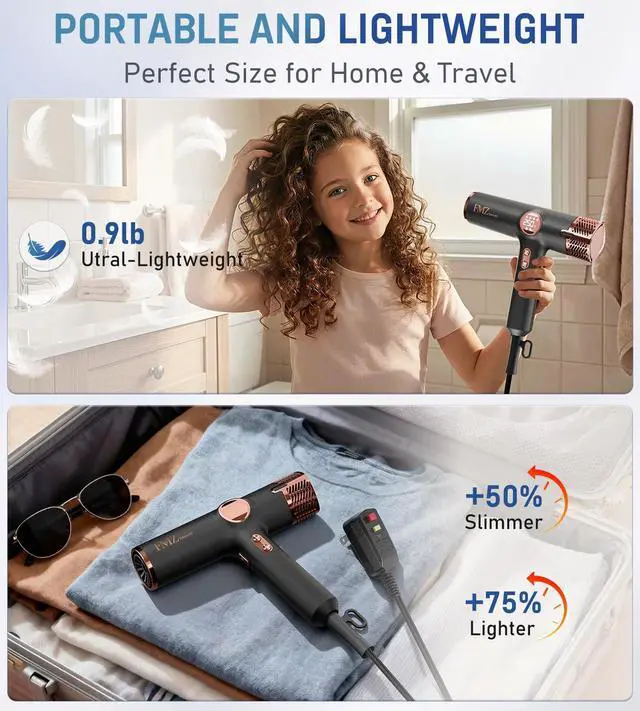 Alt view image 7 of 7 - Professional Ionic Hair Blow Dryer Smart Display with Diffuser, 1875W High Speed Powerful BLDC Motor for Fast Drying, Mini Portable Lightweight Quiet, Curly Hairdryer for Men Women Salon Travel