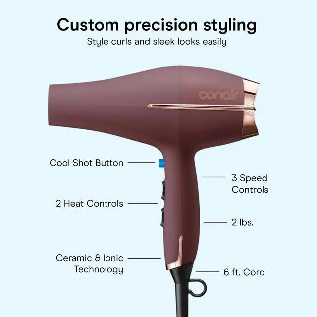Alt view image 4 of 7 - Hair Dryer with Diffuser & Concentrator, 1875W AC Motor, Plum