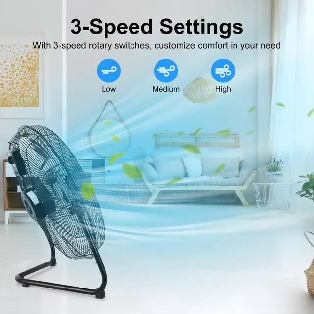 Alt view image 3 of 7 - 20 Inch High Velocity Heavy Duty Fan, Metal Industrial Floor Fan with Wall-Mounting System, 3 Speed Garage Cooling Fans with 360° Adjustbale Tilting for Warehouse,Workshop and Factory, Black