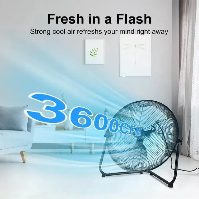 Alt view image 4 of 7 - 20 Inch High Velocity Heavy Duty Fan, Metal Industrial Floor Fan with Wall-Mounting System, 3 Speed Garage Cooling Fans with 360° Adjustbale Tilting for Warehouse,Workshop and Factory, Black
