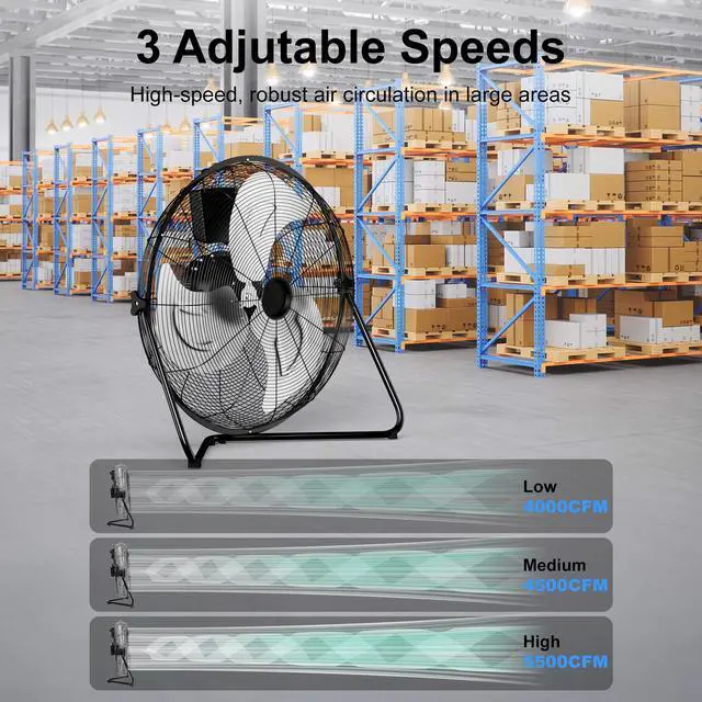 Alt view image 2 of 7 - 20 Inch High Velocity Heavy Duty Fan, Metal Industrial Floor Fan with Wall-Mounting System, 3 Speed Garage Cooling Fans with 360° Adjustbale Tilting for Warehouse,Workshop and Factory, Black