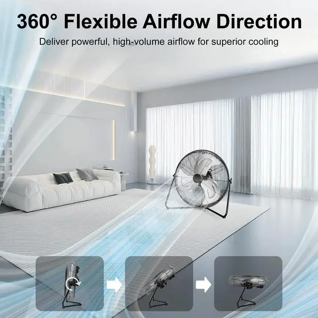 Alt view image 5 of 7 - 20 Inch High Velocity Heavy Duty Fan, Metal Industrial Floor Fan with Wall-Mounting System, 3 Speed Garage Cooling Fans with 360° Adjustbale Tilting for Warehouse,Workshop and Factory, Black