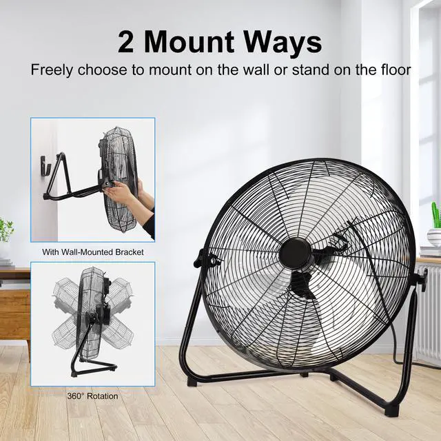 Alt view image 7 of 7 - 20 Inch High Velocity Heavy Duty Fan, Metal Industrial Floor Fan with Wall-Mounting System, 3 Speed Garage Cooling Fans with 360° Adjustbale Tilting for Warehouse,Workshop and Factory, Black
