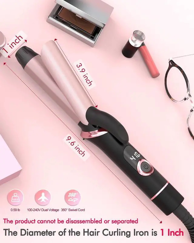 Alt view image 2 of 7 - Travel Curling Iron, Dual Voltage with European, UK Plug Adapter, Small Hair Curler for Women, 5 Temperature Settings for All Hair Types up to 410, 1 Inch