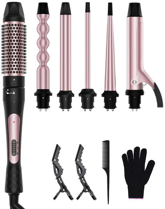 Main image of 6 in 1 Curling Iron, Curling Wand Set with Thermal Brush (1.5inch) & 1inch Bubble Wand Curler and 3 Interchangeable Ceramic Barrel (0.35"-1.25"), Instant Heat Up with Comb & Protective Glove & 2 Clip