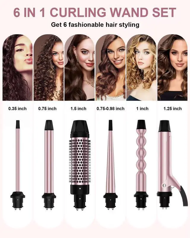 Alt view image 2 of 7 - 6 in 1 Curling Iron, Curling Wand Set with Thermal Brush (1.5inch) & 1inch Bubble Wand Curler and 3 Interchangeable Ceramic Barrel (0.35"-1.25"), Instant Heat Up with Comb & Protective Glove & 2 Clip