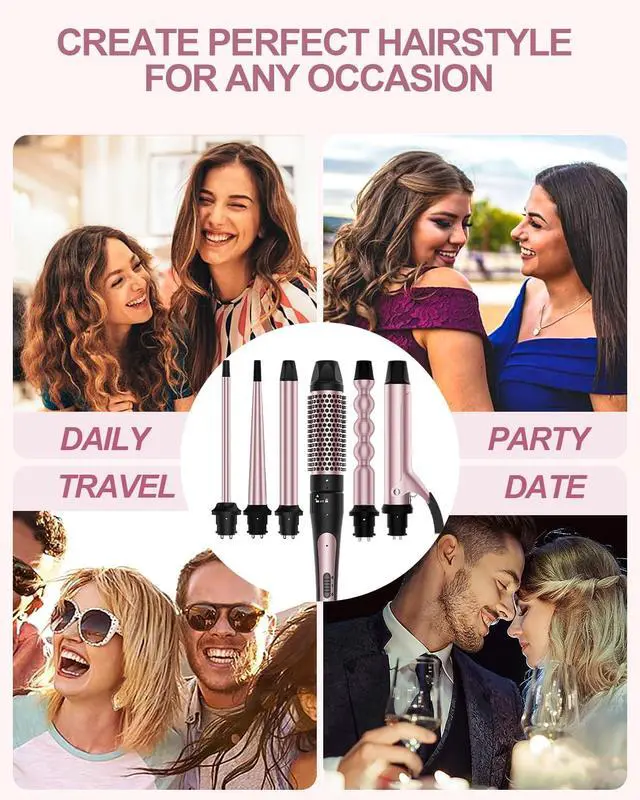Alt view image 7 of 7 - 6 in 1 Curling Iron, Curling Wand Set with Thermal Brush (1.5inch) & 1inch Bubble Wand Curler and 3 Interchangeable Ceramic Barrel (0.35"-1.25"), Instant Heat Up with Comb & Protective Glove & 2 Clip