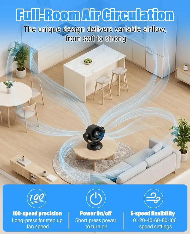 Alt view image 3 of 7 - Fan for Bedroom,Desk Fans,Air Circulator Fan with Remote, 90°Vertical +120°Auto Oscillating,100 Speeds, 10H Timer, 25dB Quiet Fan,Digital Display Rechargeable USB, for Home Office TravelBlack