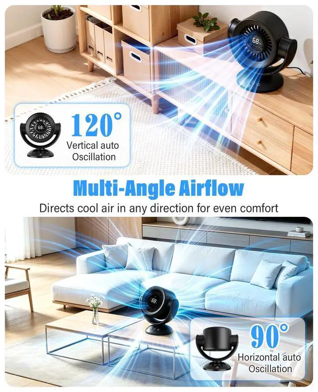 Alt view image 4 of 7 - Fan for Bedroom,Desk Fans,Air Circulator Fan with Remote, 90°Vertical +120°Auto Oscillating,100 Speeds, 10H Timer, 25dB Quiet Fan,Digital Display Rechargeable USB, for Home Office TravelBlack