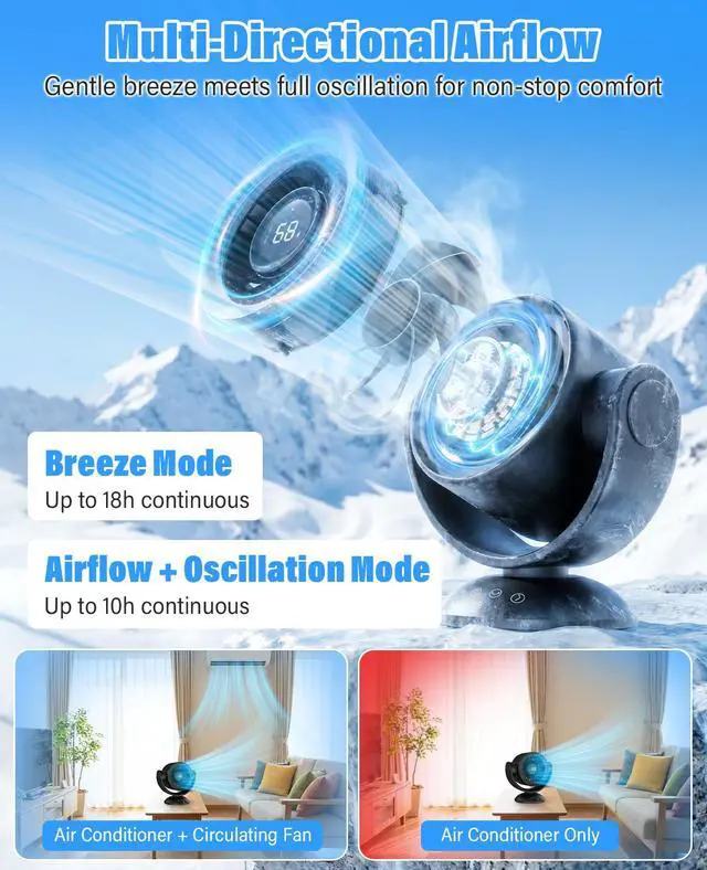 Alt view image 5 of 7 - Fan for Bedroom,Desk Fans,Air Circulator Fan with Remote, 90°Vertical +120°Auto Oscillating,100 Speeds, 10H Timer, 25dB Quiet Fan,Digital Display Rechargeable USB, for Home Office TravelBlack