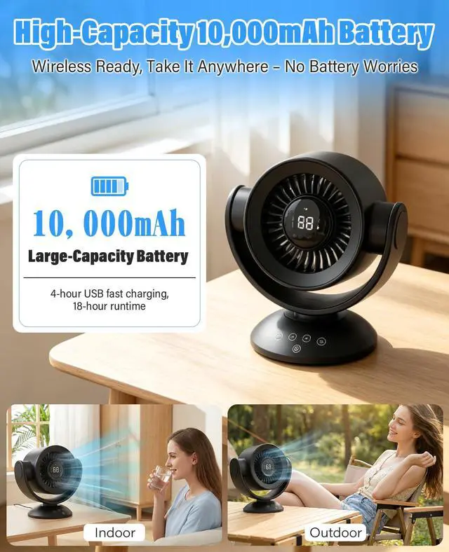 Alt view image 7 of 7 - Fan for Bedroom,Desk Fans,Air Circulator Fan with Remote, 90°Vertical +120°Auto Oscillating,100 Speeds, 10H Timer, 25dB Quiet Fan,Digital Display Rechargeable USB, for Home Office TravelBlack