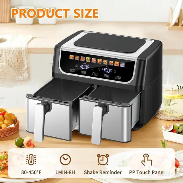 Alt view image 2 of 5 - 9.5 Quart Dual Basket Air Fryer, 10-in-1 Large Airfryer with Ceramic Crisper Plate, Sync Finish & Match Cook, Shake Reminder, Wide Temperature 80-450°F, Roast Bake Defrost Dehydrate, Black
