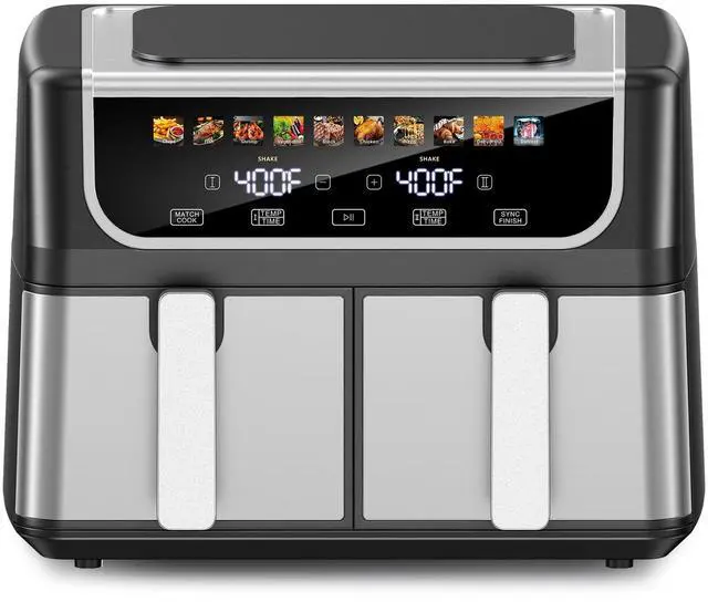 Main image of 9.5 Quart Dual Basket Air Fryer, 10-in-1 Large Airfryer with Ceramic Crisper Plate, Sync Finish & Match Cook, Shake Reminder, Wide Temperature 80-450°F, Roast Bake Defrost Dehydrate, Black